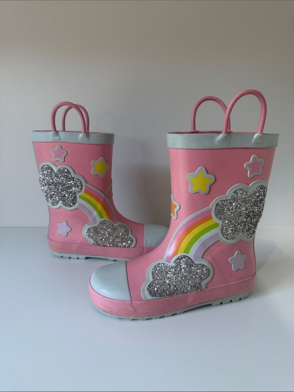 Kids Pink Rainbow & Glitter Cloud Rain Boots
